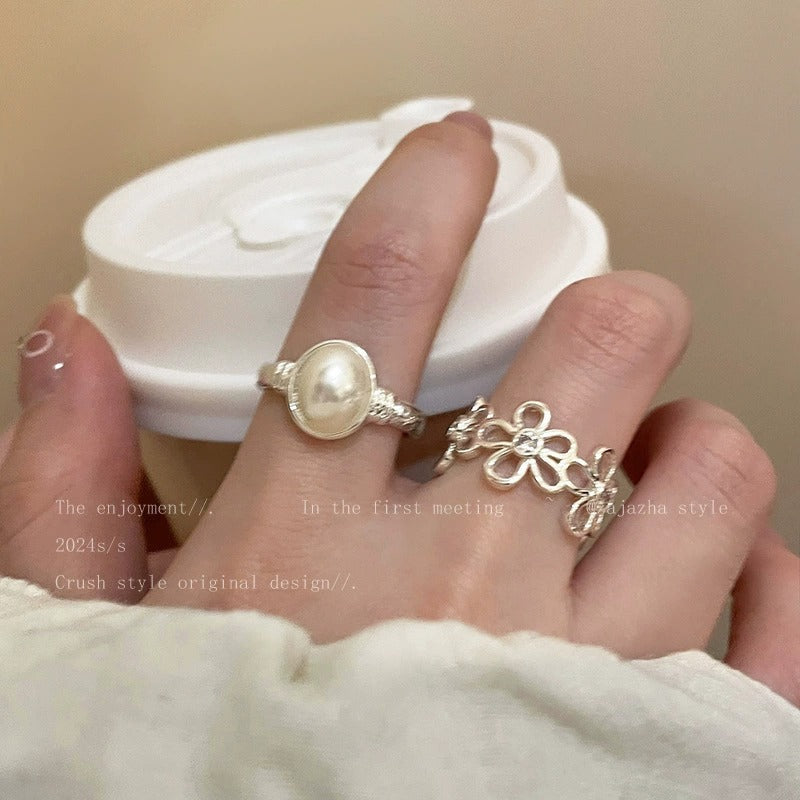 Pearl Flower Open Ring For Women, Luxury High-End, Minimalist Niche Design Index Finger Ring