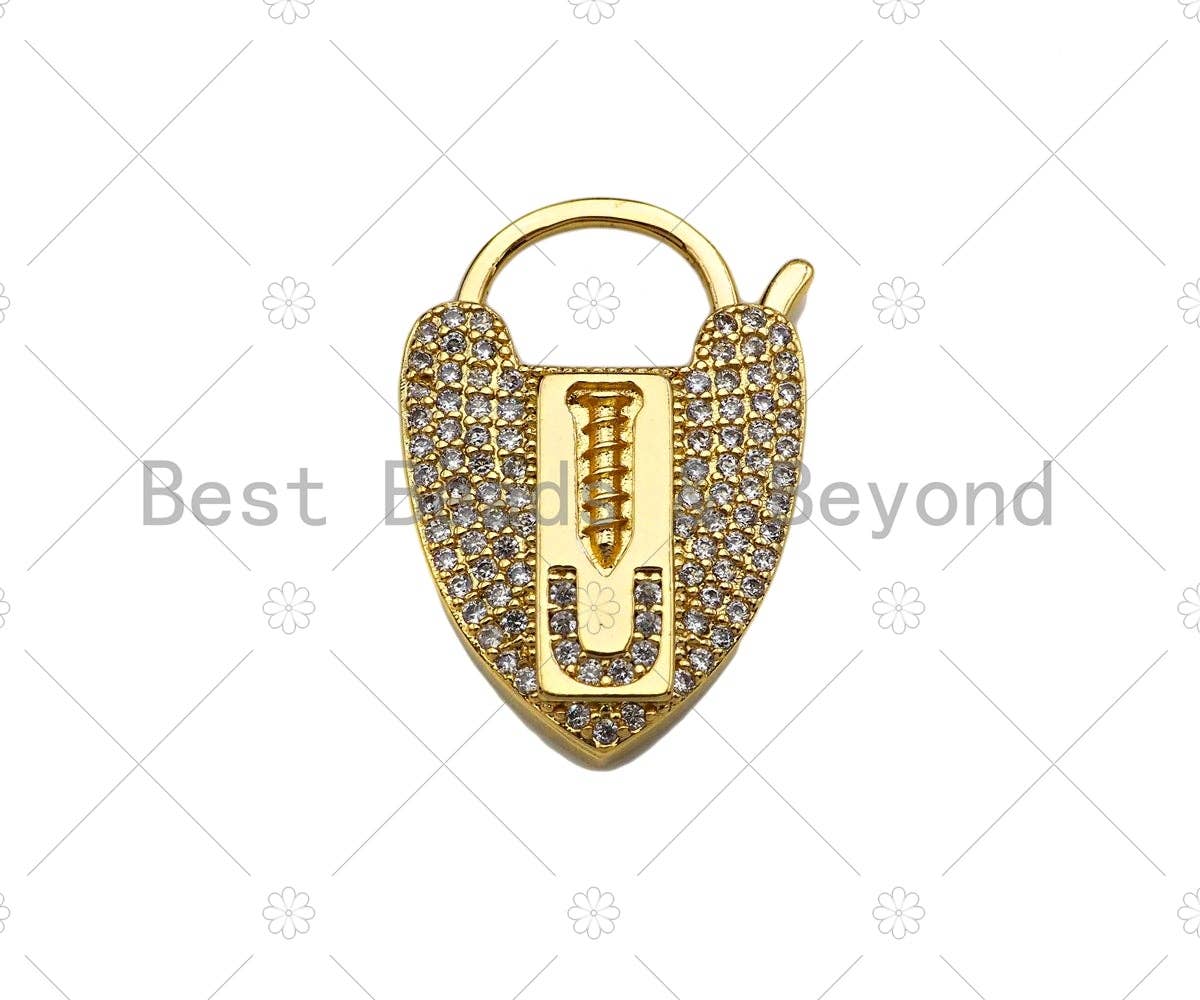 CZ Micro Pave Screw U Heart Padlock Clasp,Screw U Padlock Clasp, Gold Charm Pendant, Padlock Necklace Charms Connector, 17x25mm, Sku#K165