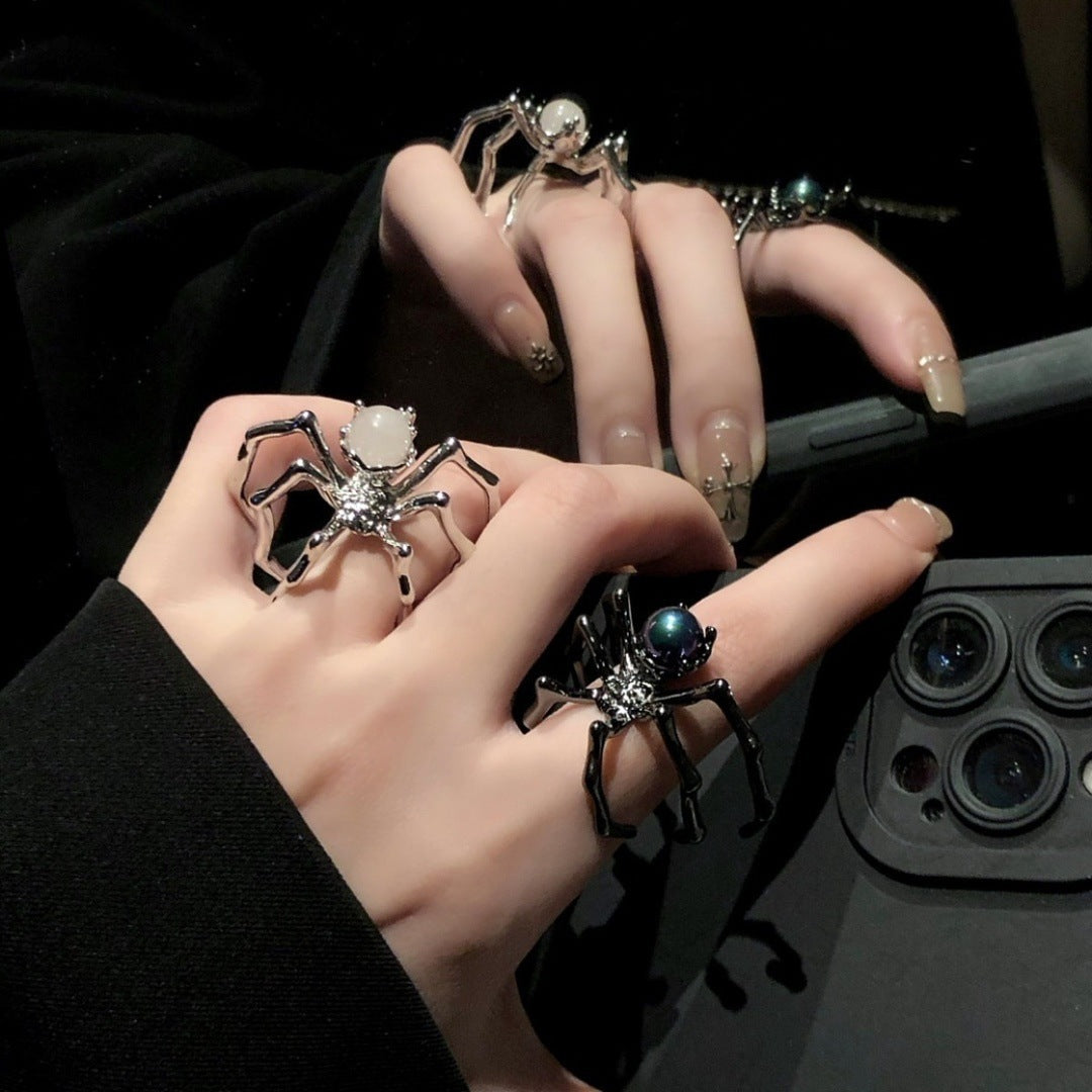 Dark Punk Spider Ring With Moonstone, Ins Style Unique Design, Minimalist Metal Cool Tone Adjustable Open Ring