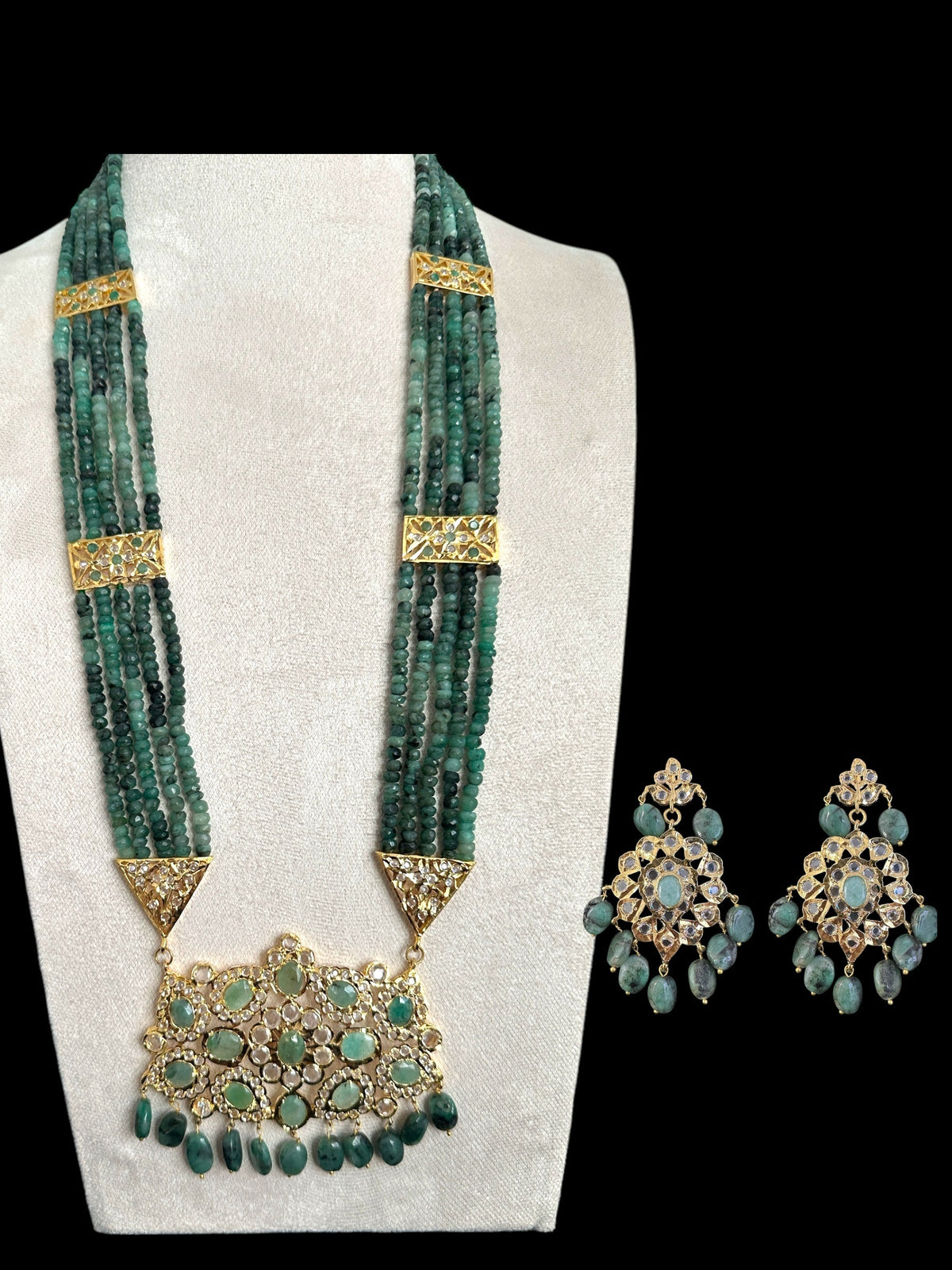 DLN125 SHARNAZ Gold plated Rani haar in real emerald beads ( SHIPS IN 4 WEEKS  )