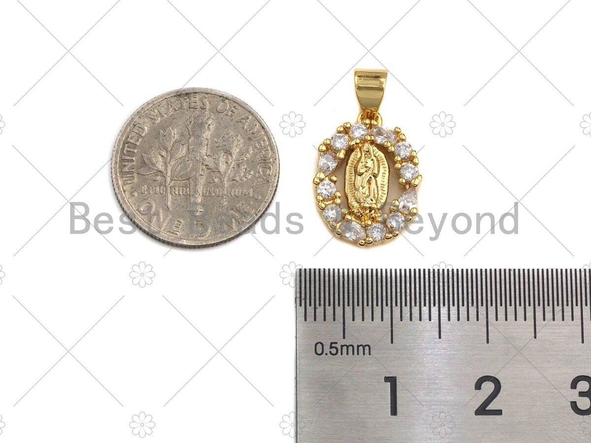 18K Gold Virgin Mary On Oval Emblem Shape Pendant, Oval Charm,  Sku#F1150C