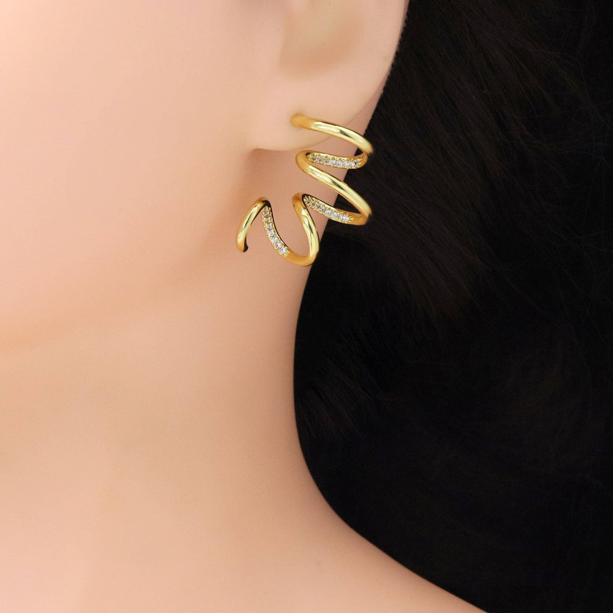 Clear CZ Gold Silver Spiral Swirl Earrings, Sku#A259