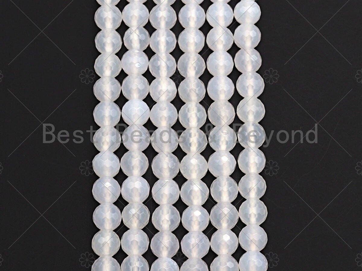 High Quality Natural Milky White Agate Beads, Round Faceted 6mm/8mm/10mm/12mm White Agate Beads, 15.5" Full Strand, Sku#U569