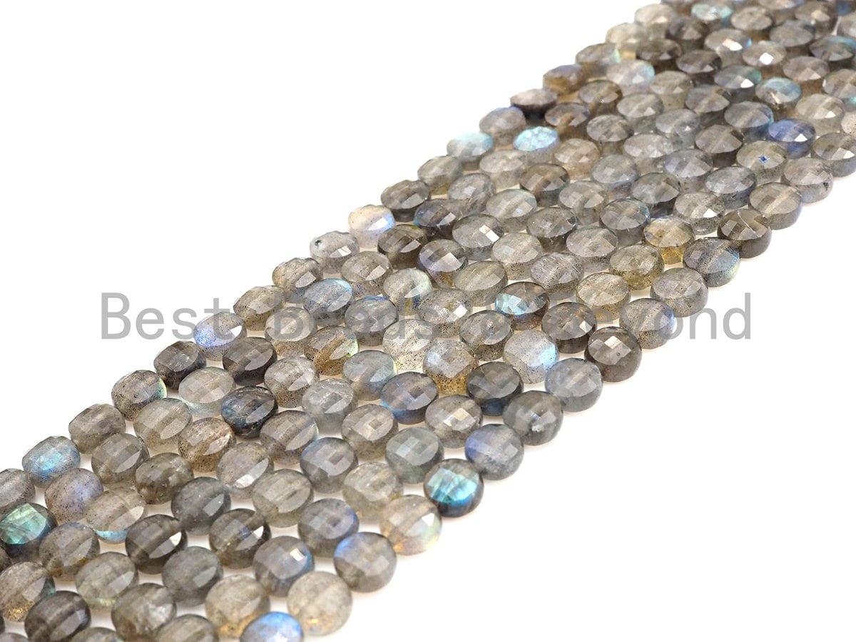 High Quality Turtle Shell Cut Natural Labradorite Coin beads, 4mm/6mm/8mm Checkerboard Cut Labradorite, 16" Full strand, Sku#U754