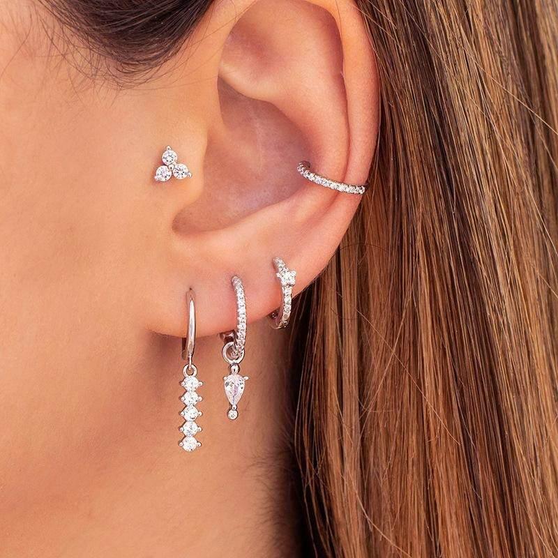 Stacking 5 Pieces Simple Clover Single-Row Serrated Ear Cuff Earring Set, 18k Gold-Plated  Teardrop Zircon Earrings, S925 Needle