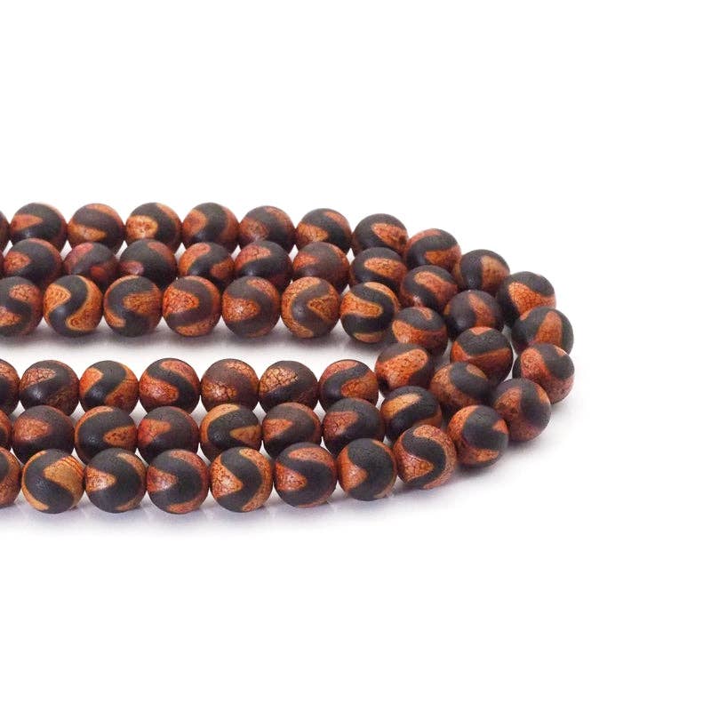 Natural Dark Orange with Black Wavy Line Tibetan Agate Round Smooth Beads, 8mm, Sku#U1558