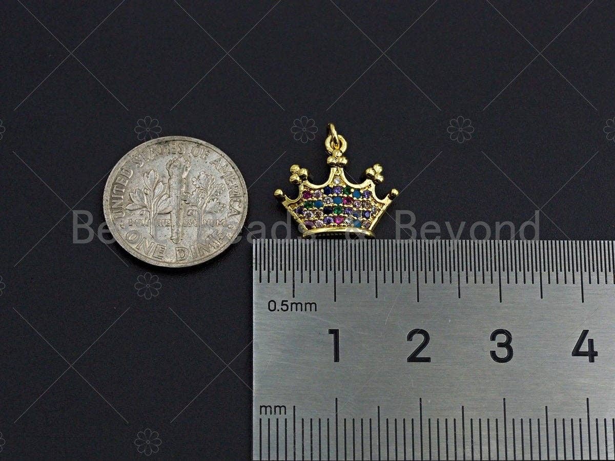 18K Gold Multicolor Micro CZ Pave Crown Pendant, Gold Crown Charm,  Crown Beads, Jewelry Findings, 15x13mm,sku#LK39