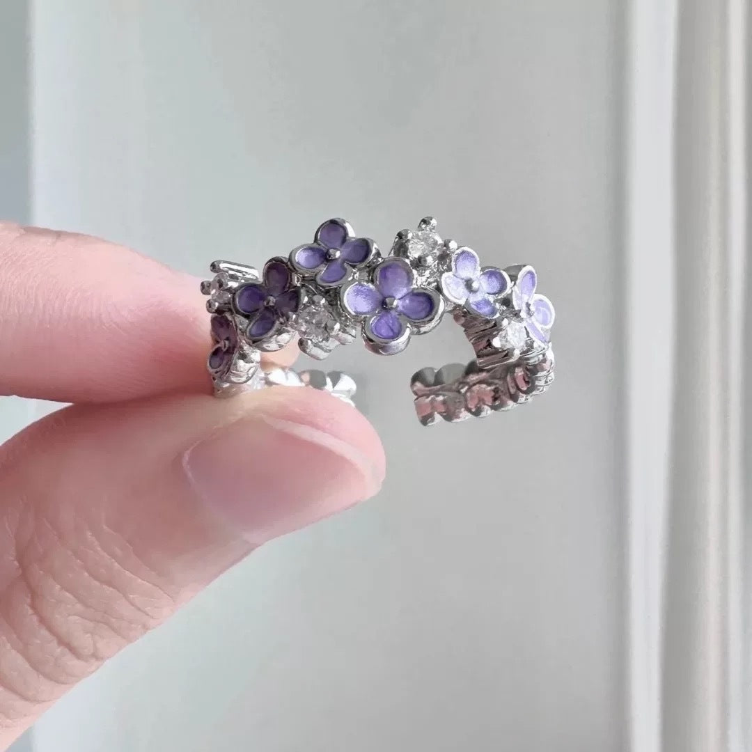 Sweet Cool Purple Flower Ring For Women, Ins Style, Niche Design, Elegant & Light Luxury, Adjustable Opening Band, Personalized Index Finger Ring