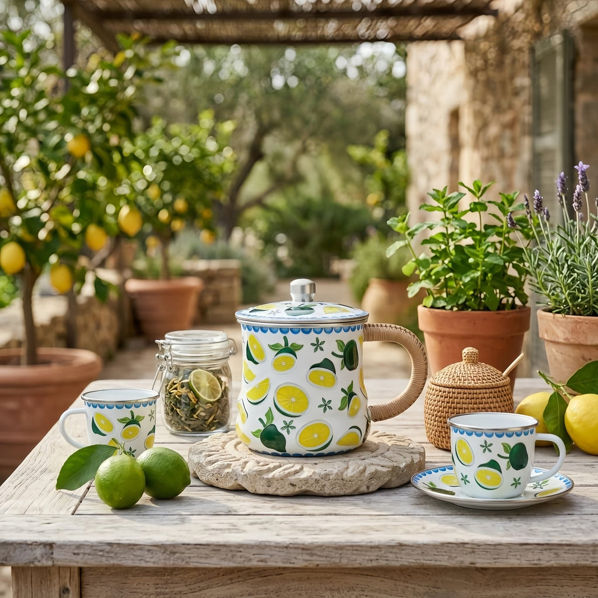 Pure 999 Fine Silver Vibrant Citrus Print Enamel Mug with Natural Wicker Handle and Lid - Handicraft