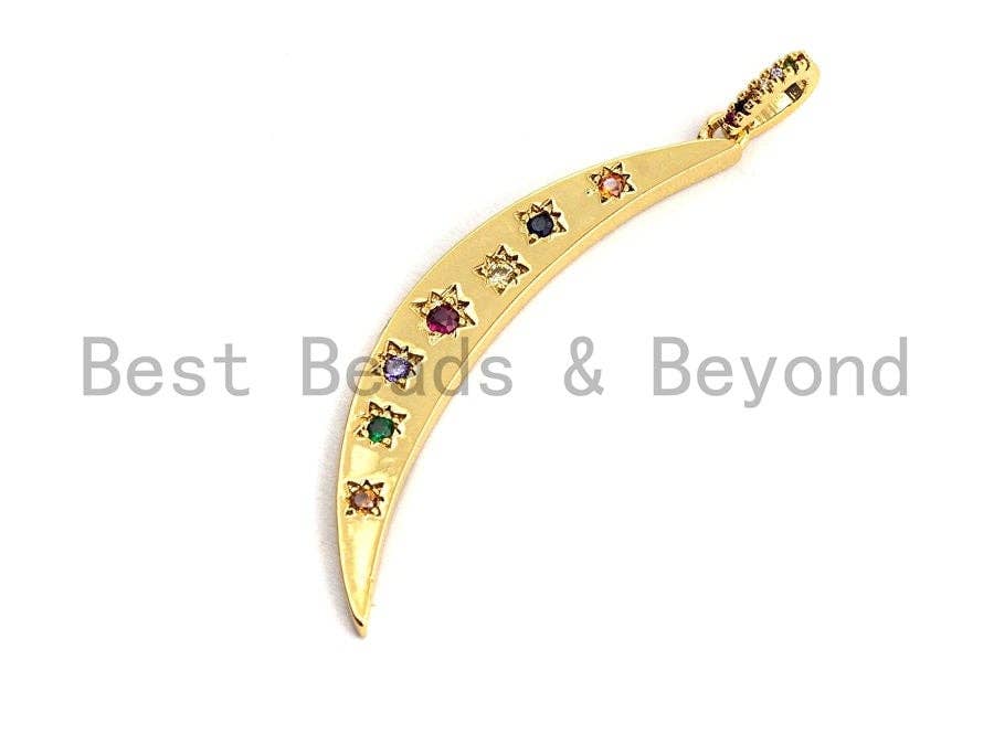 CZ Colorful Micro Pave Flat Crescent Moon Gold Pendant, Moon Shaped Pave Pendant, Gold plated, 7x49mm, Sku#F874