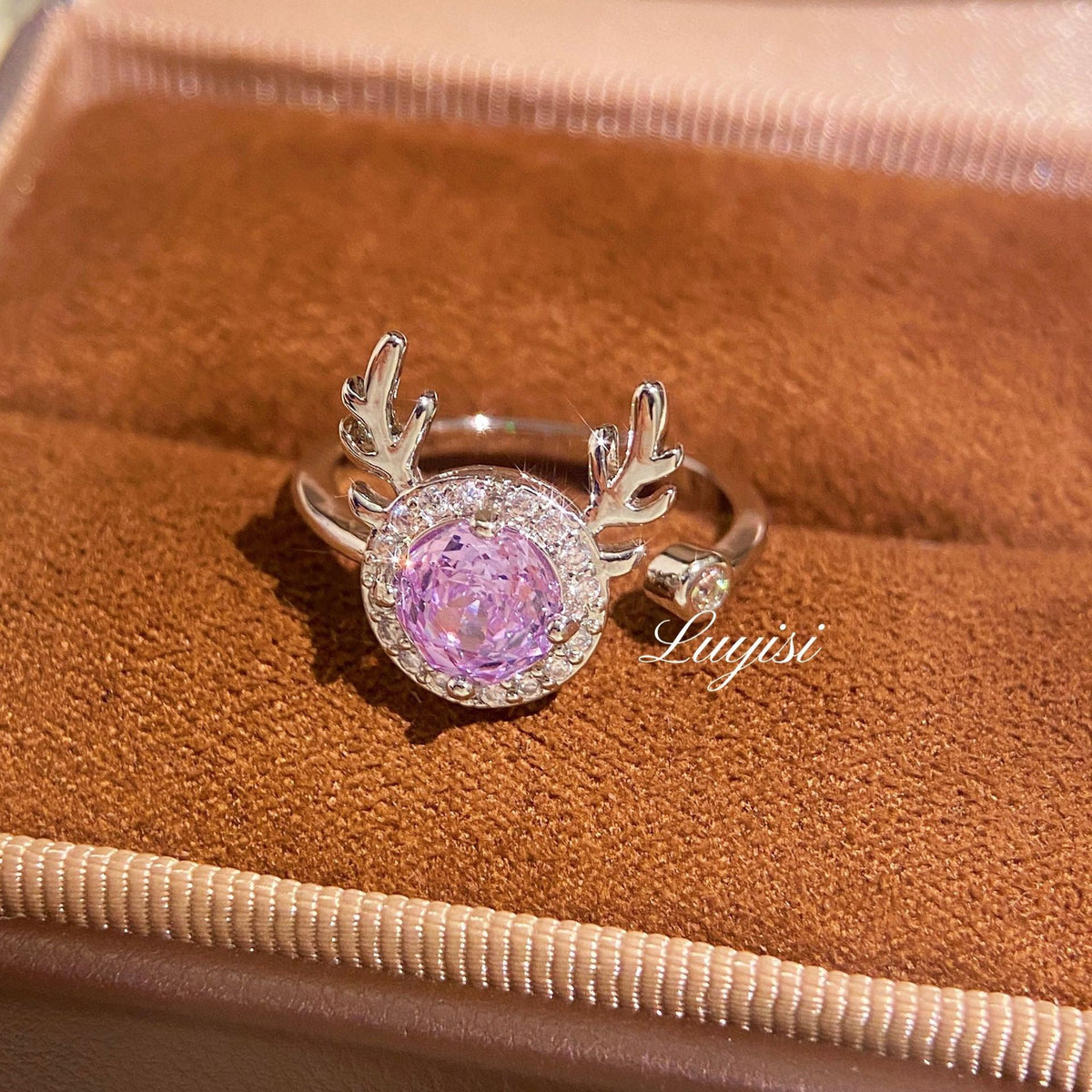 Dainty Purple Crystal Deer Head Ring, Adjustable Stackable Ring, Fashion Jewelry For Women Daily Wear