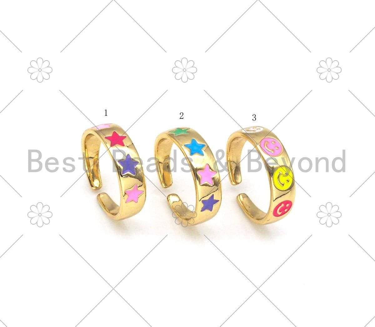 Enamel Star and Smiley Face Adjustable Ring, Sku#LD148