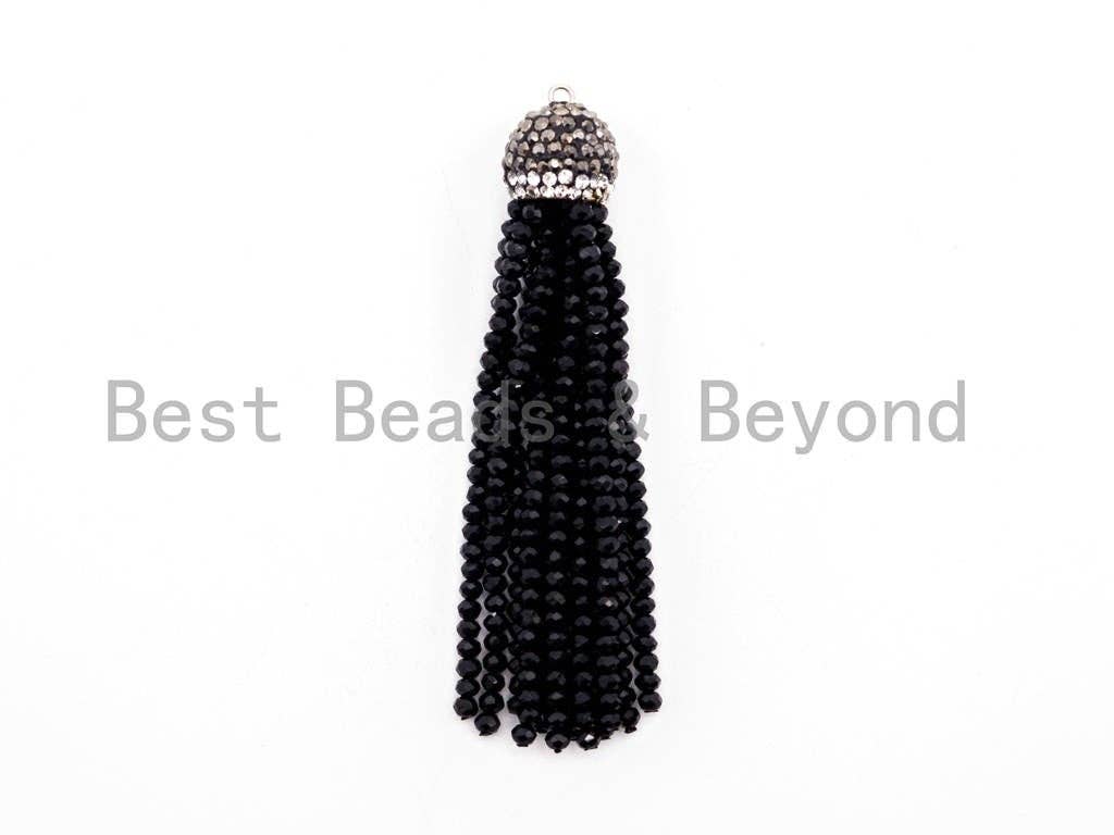 Crystal Beaded Tassel Pendants,Glass Crystal Beads,Pave CZ Rhinestone Cap, Tassel Necklace Enhancer, 3'' long, Sku#B82
