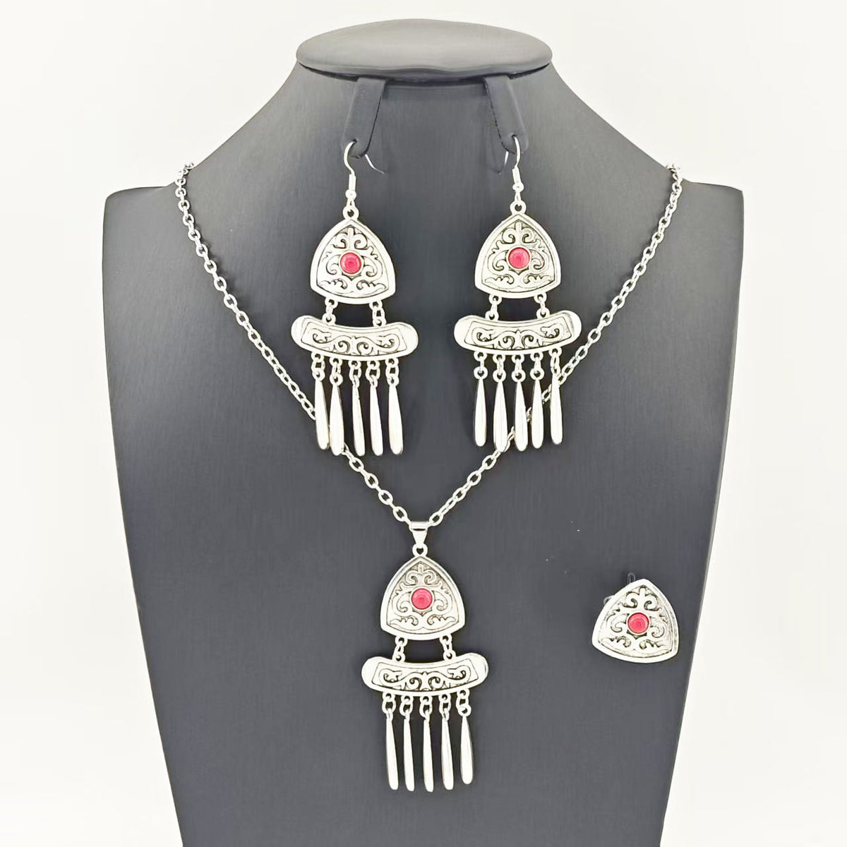 Vintage Bohemian Ethnic Long Tassel Jewelry Set - Retro Exotic Necklace Earrings Ring Set For Women