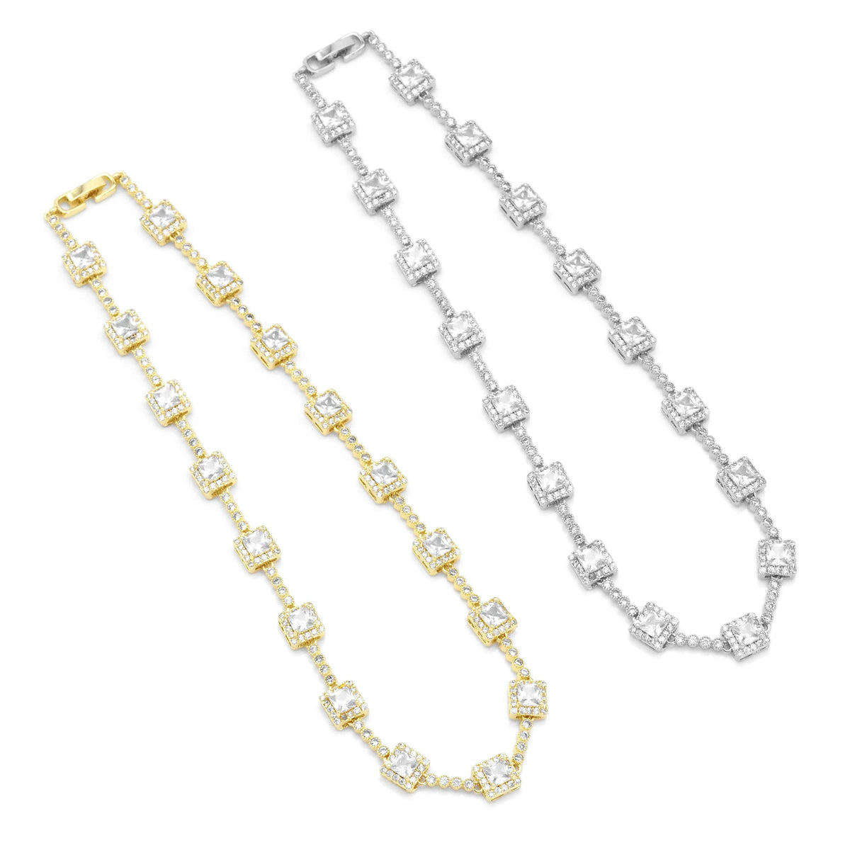 Gold Silver Square CZ Link Statement Necklace, Sku#A116