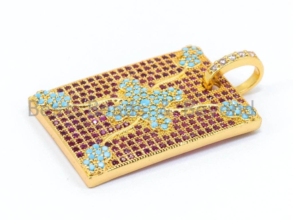 CZ Micro Pave Turquoise Fuchsia Square/Rectangular Pendant, silver/gold/black Rhodium Plated pendant, 20x34mm, sku#L18