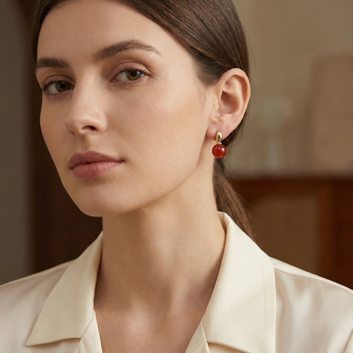 925 Sterling Silver Elegant Red Carnelian Sphere and Polished Metallic Teardrop Drop Earrings