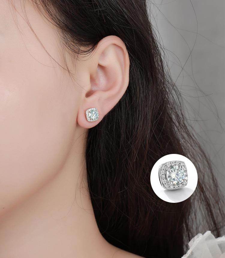 S925 Magnetic Multicolor Moissanite Square Halo Stud Earrings for Men Women, 0.5/1ct Round Cut