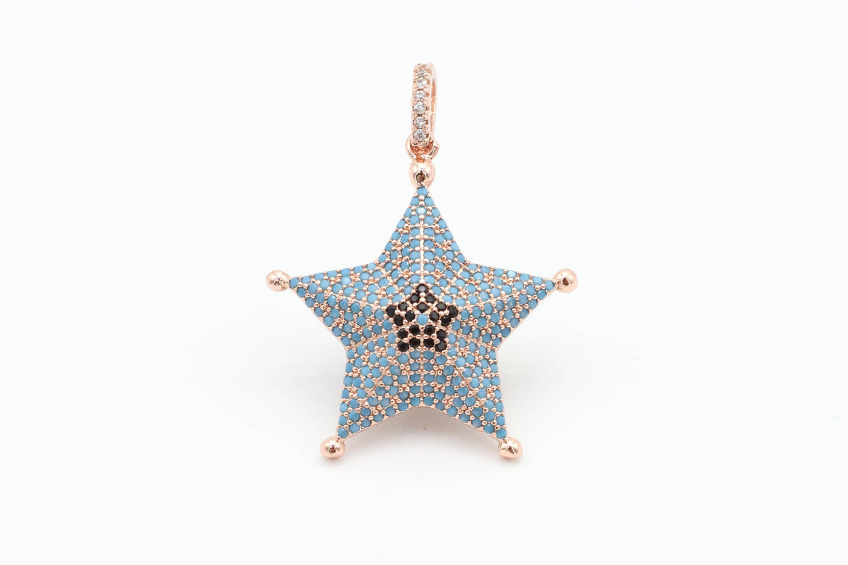 CZ Micro Pave 28x36mm Turquoise Star Pendant/Charm, Cubic Zirconia Pendant/Charm for Necklace Bracelet, Fashion Jewelry Findings, sku#F5