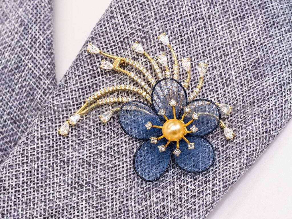 CZ Micro Pave Blue Silk Flower Brooch, p39