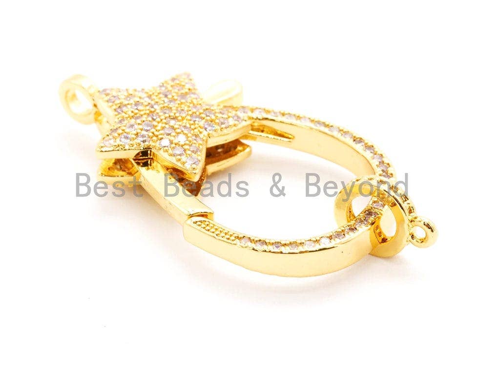 CZ Micro Pave Star Lobster Claw Clasp, Cubic Zirconia Clasp, Gold/Silver/Rose Gold/Black, 20x37mm, sku#H52