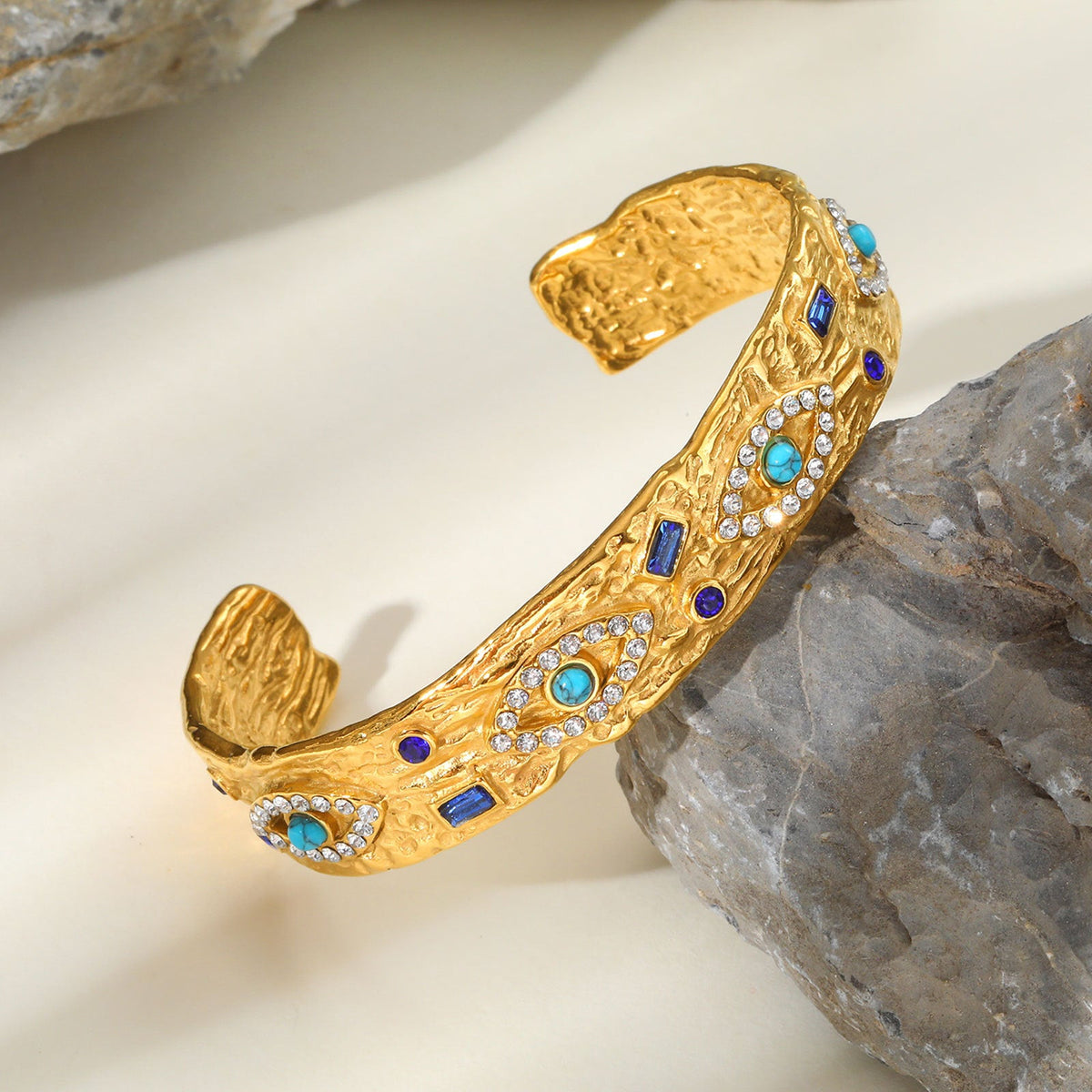 Stainless Steel Zircon Turquoise Eye Open Bracelet In Gold Color