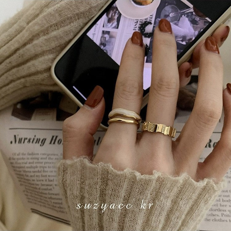 Women's Niche Design Gold Enamel Zircon Ring, INS Style, Vintage Fashion, Unique Versatile High-End Finger Ring