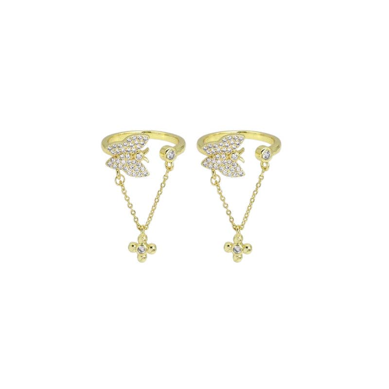 Gold CLear CZ Butterfly with Chain Cross Adjustable Ring, Sku#LD436