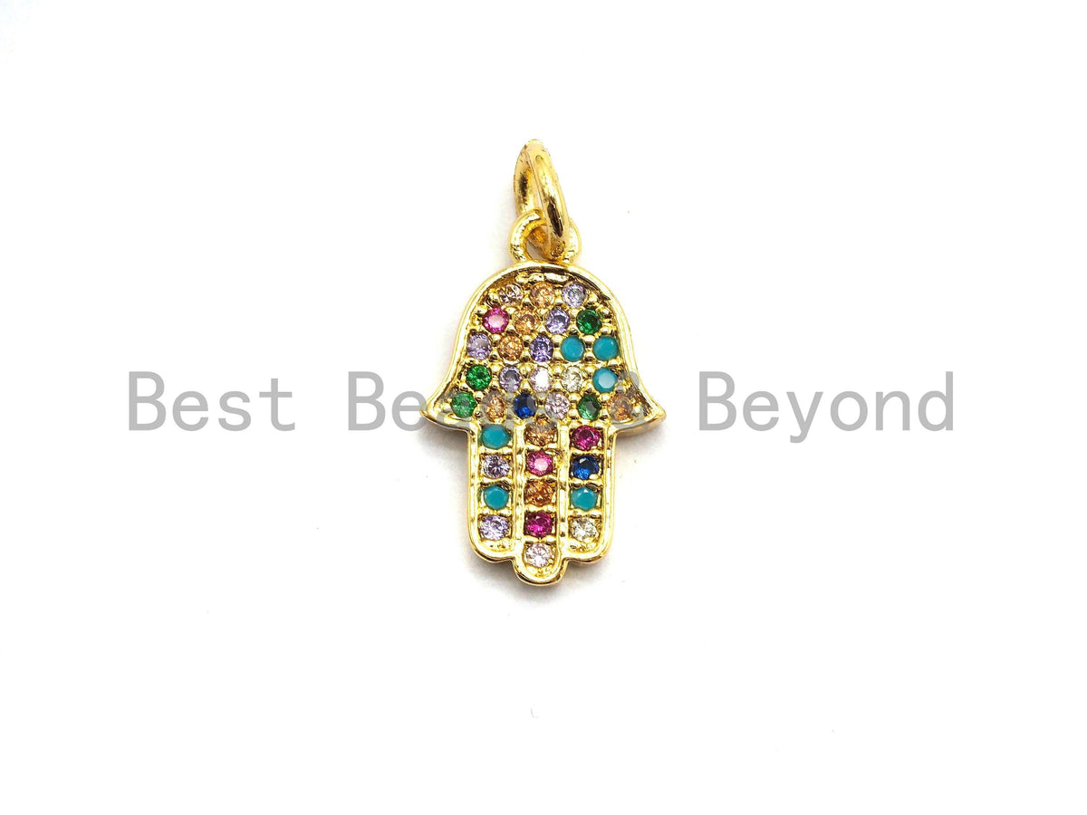 CZ Colorful Micro Pave Hamsa Hand Pendant, Hamsa Hand Shaped Pave Pendant, Gold plated, 10x16mm, Sku#F734