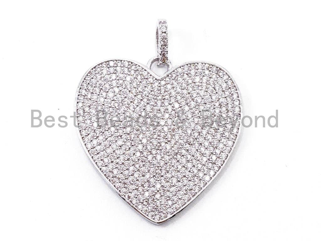 CZ Clear/Black Micro Pave Heart Pendant, Heart Shaped Pave Pendant, Gold/Rose Gold/Silver/Gunmetal plated, 30x36.5mm, Sku#F107