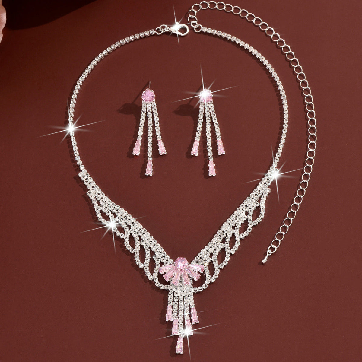 Light Luxury And High-End Rhinestone Bow Lace Earrings And Necklace, Fashionable And Sweet Bridal Wedding Party Jewelry Set