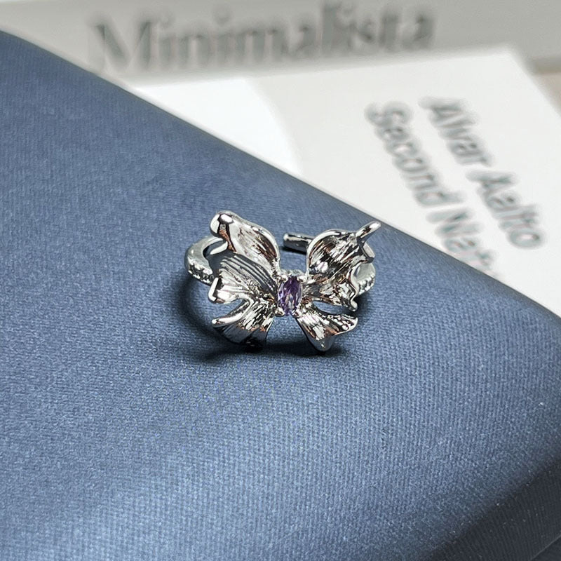 Nine Purple Fire Series Inlaid Purple Rhinestone Open Ring, Sweet Cool Light Luxury High Sense Niche Designer Band, Trendy Adjustable Finger Jewelry For Women Daily Outfit Matching