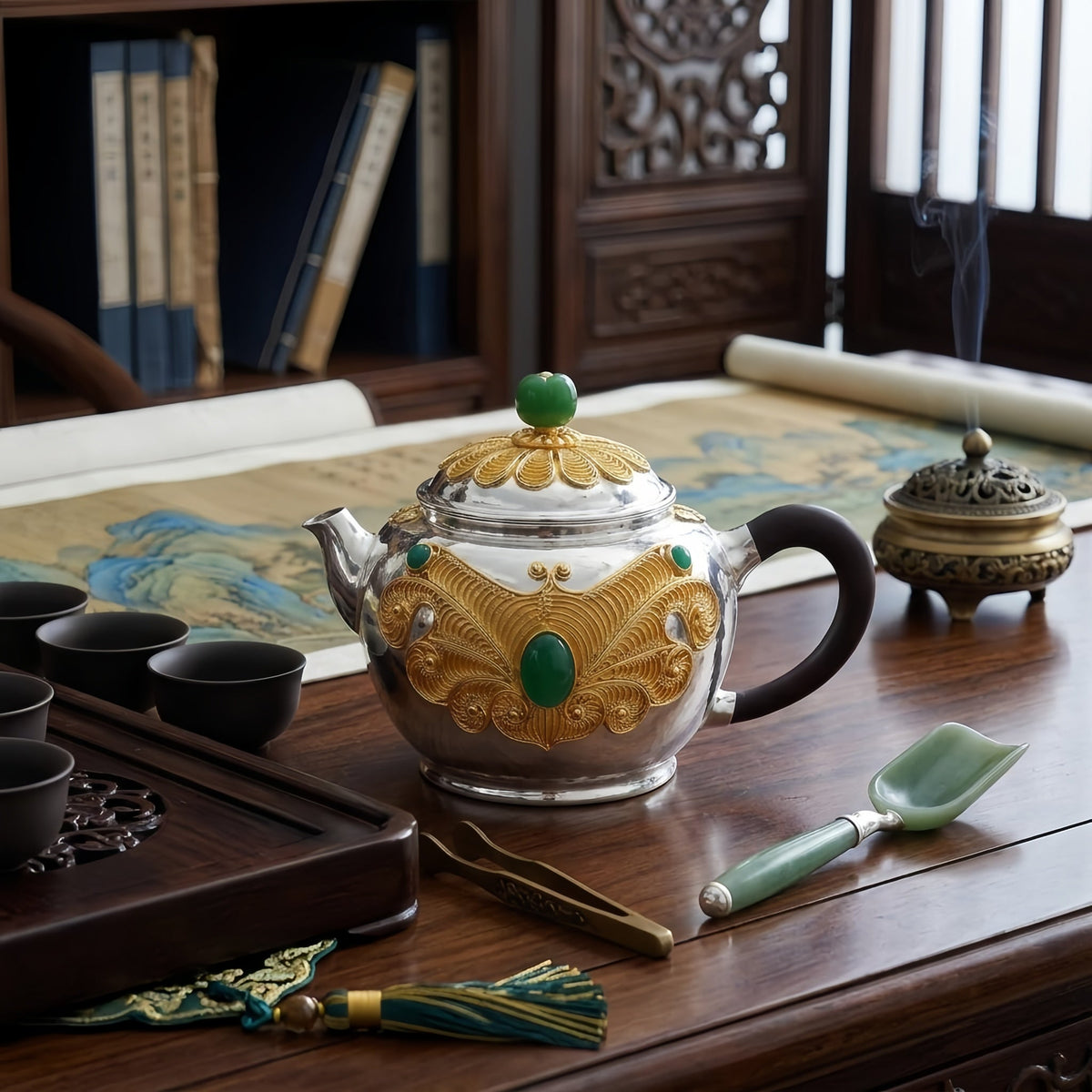 Pure 999 Fine Silver Exquisite Filigree Silver Teapot with Vibrant Green Gemstone Accents - Handicraft