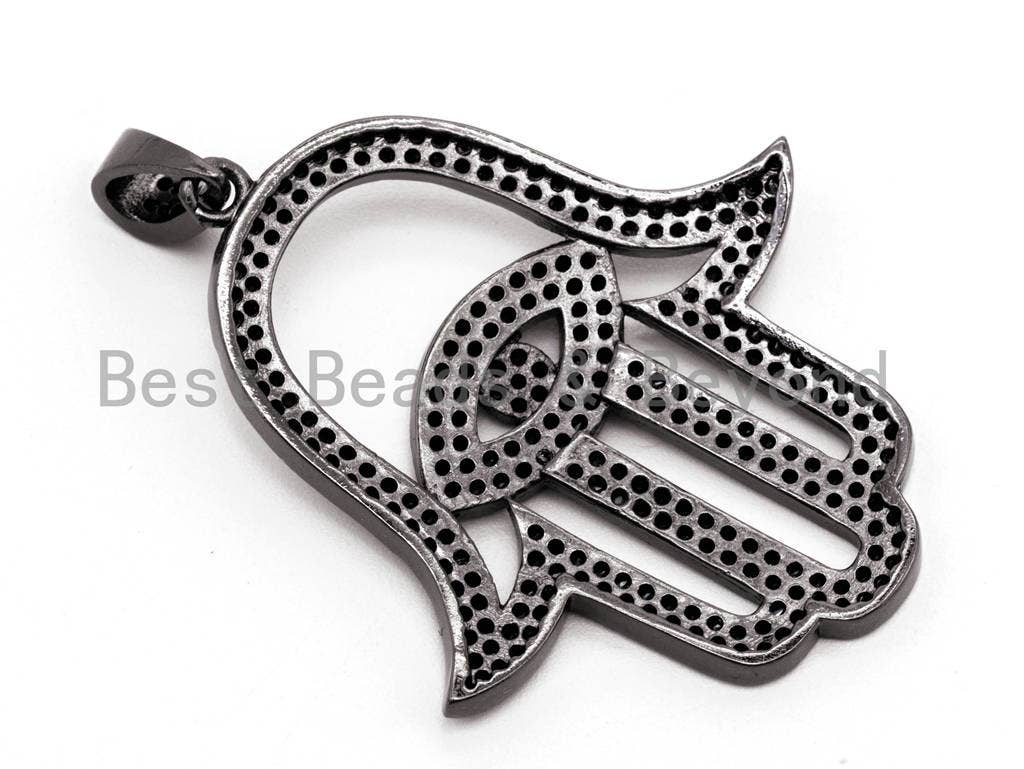 Black CZ Pave On Black Micro Pave Hamsa Hand With Evil Eye Charm, Fashion Jewelry Findings Pave Charm, Pave Dangle Charms,34x48mm, Sku#F377