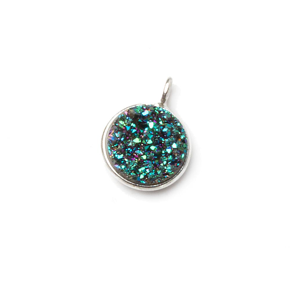 9mm Silver .925 Bezel Mermaid Green Drusy Coin Pendant 1 piece with side facing ring