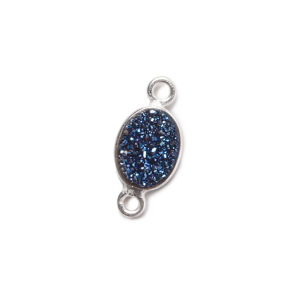 9x6mm Silver .925 Bezel Mystic Aegean Blue Drusy Oval Connector Set of 4 Pieces
