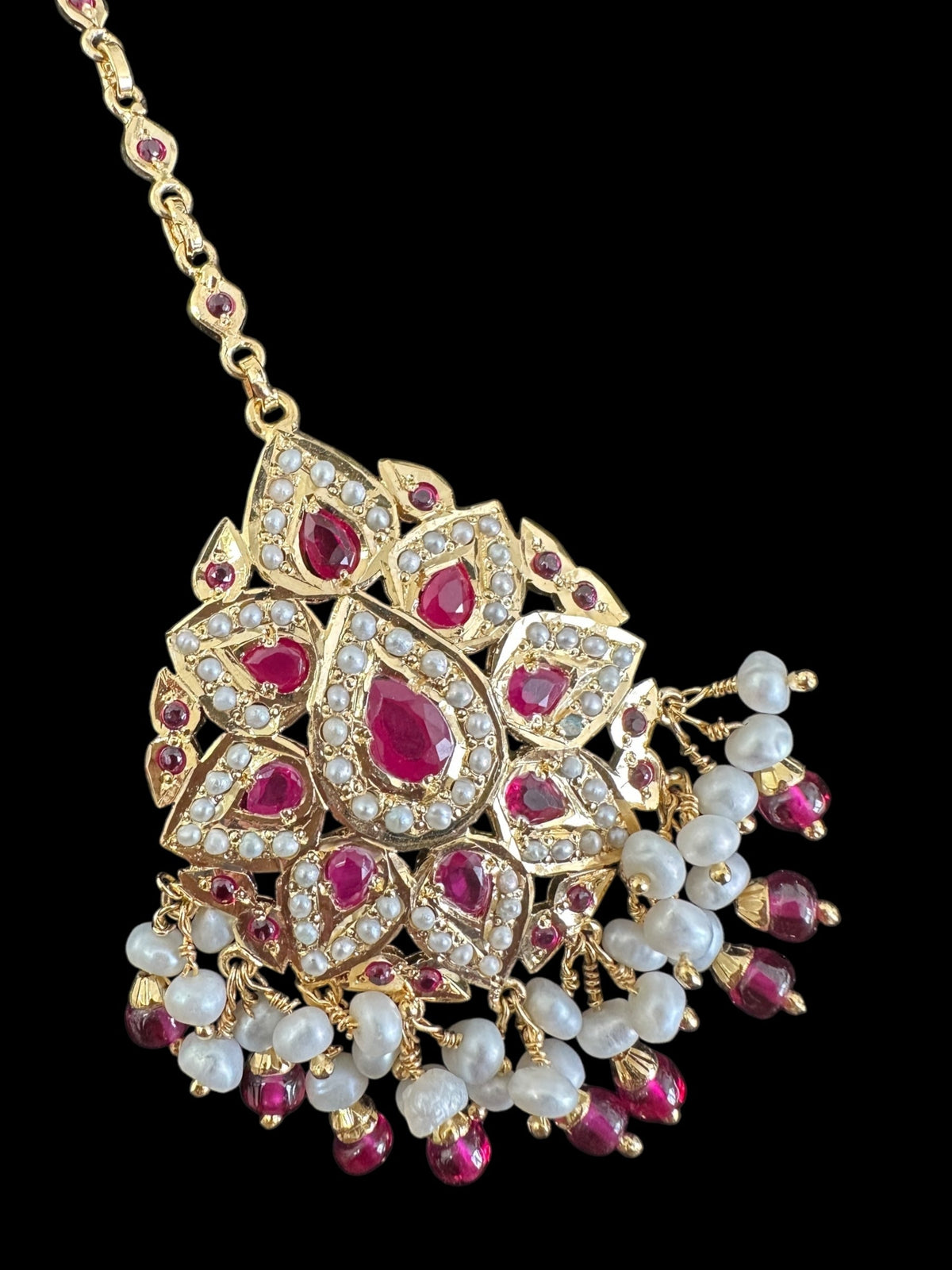 Gold plated silver jadau tikka in pearls and rubies ( SHIPS IN 5 WEEKS )
