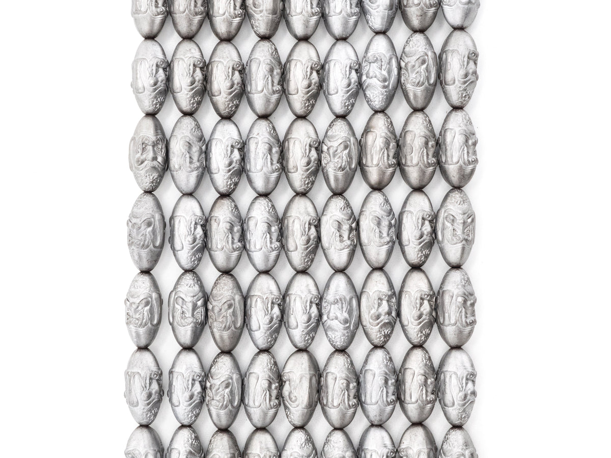 Natural Hematite Matt Silver Long Oval Beads, Old Man Head Carved, Oval Metallic Gemstone Beads, 8'' Full Strand, Sku#W52