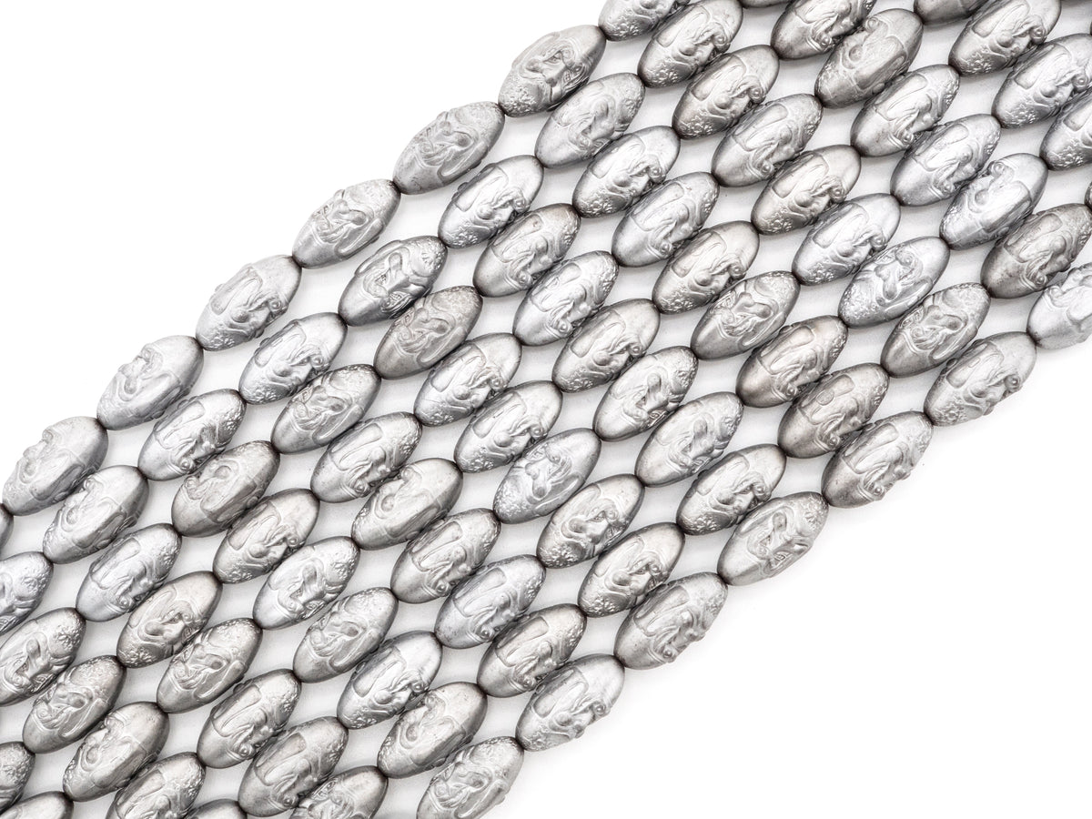 Natural Hematite Matt Silver Long Oval Beads, Old Man Head Carved, Oval Metallic Gemstone Beads, 8'' Full Strand, Sku#W52