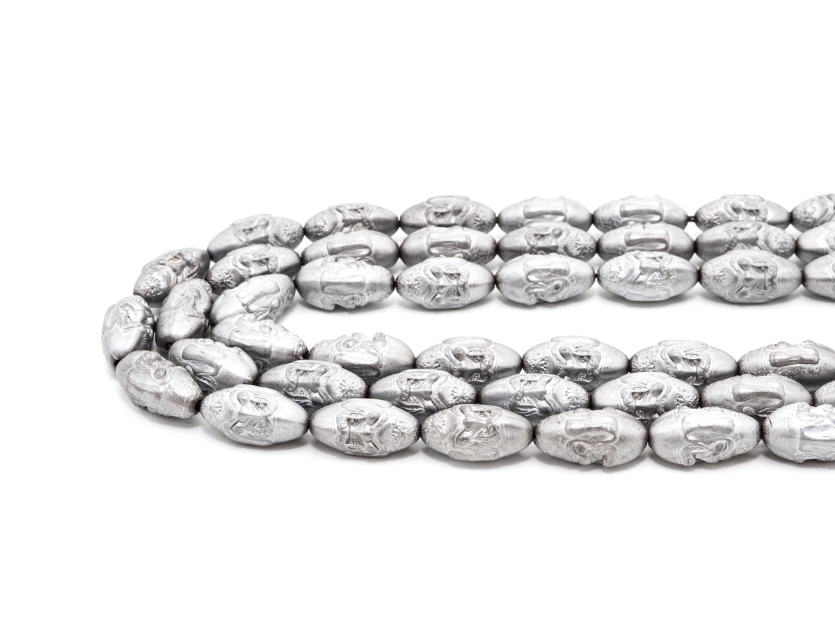 Natural Hematite Matt Silver Long Oval Beads, Old Man Head Carved, Oval Metallic Gemstone Beads, 8'' Full Strand, Sku#W52