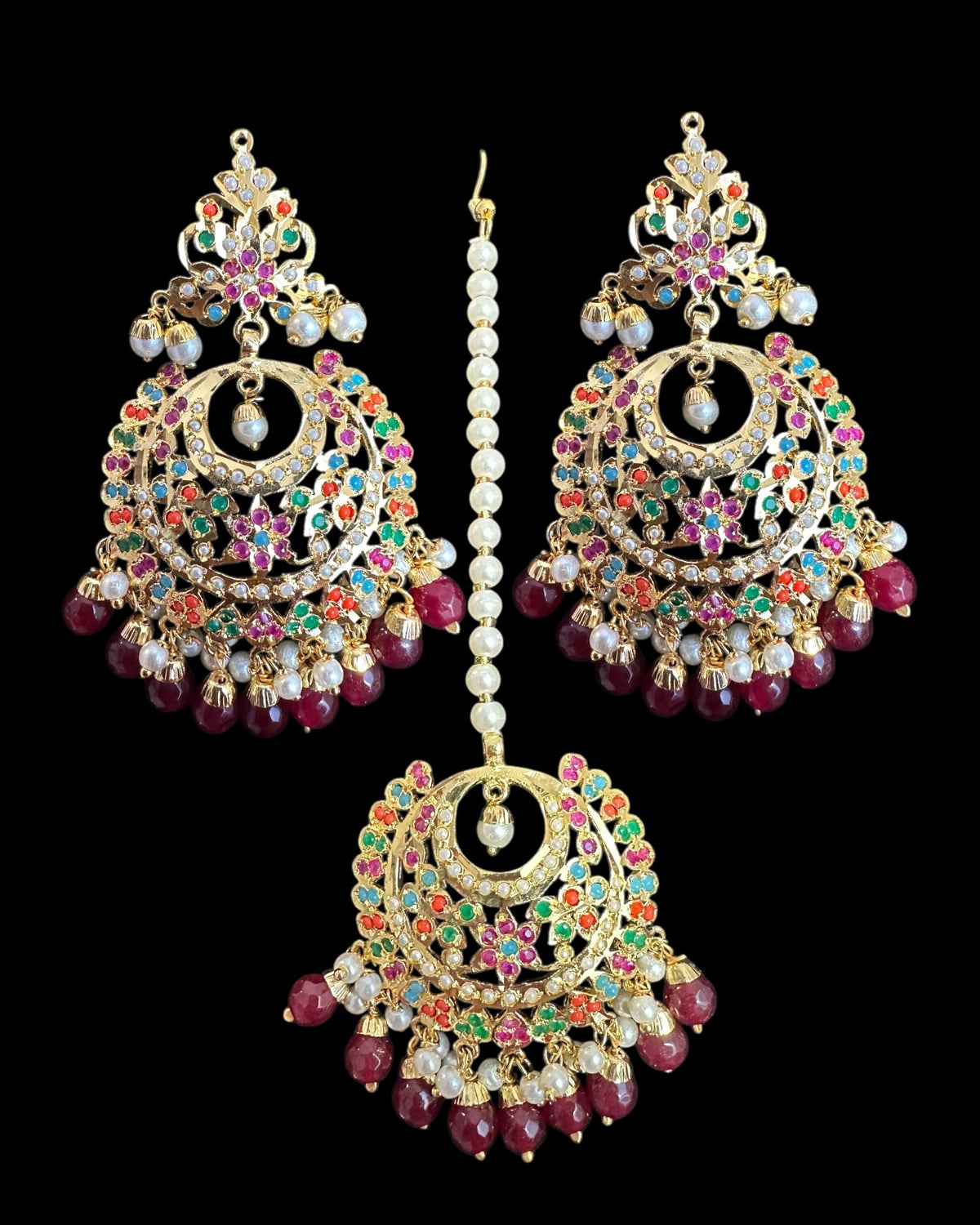 DJET83 Dafiya Gold Plated Chandbali Earrings & Tika Set in Navratan | Ready to Ship | Deccan Jewelry