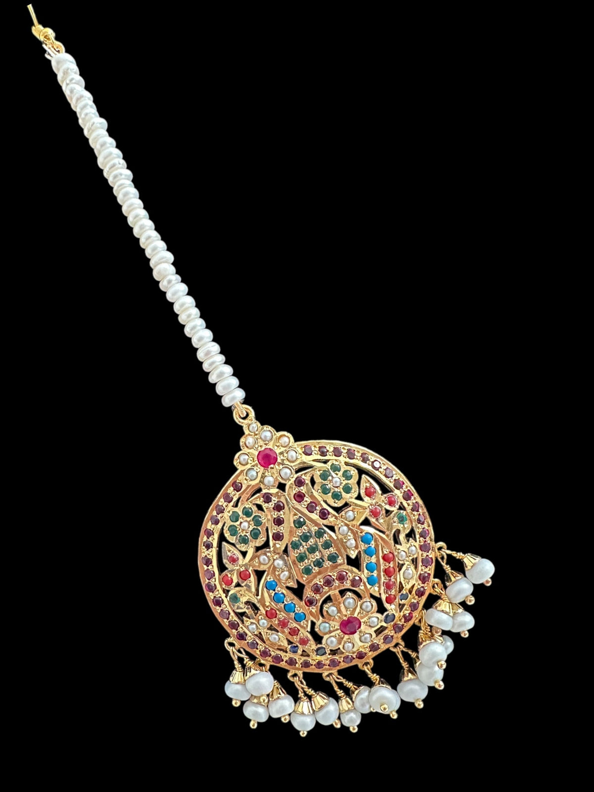 Navratan tika in silver with fresh water pearls - gold plated ( SHIPS INN5 WEEKS )
