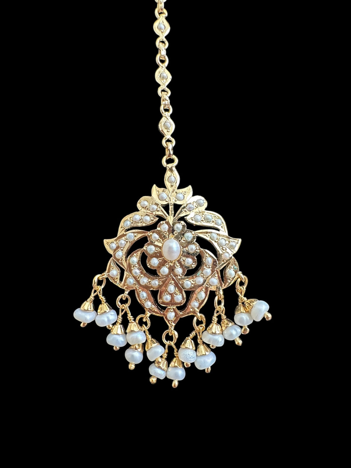 Gold plated silver tikka in fresh water pearls ( SHIPS IN 5 WEEKS )