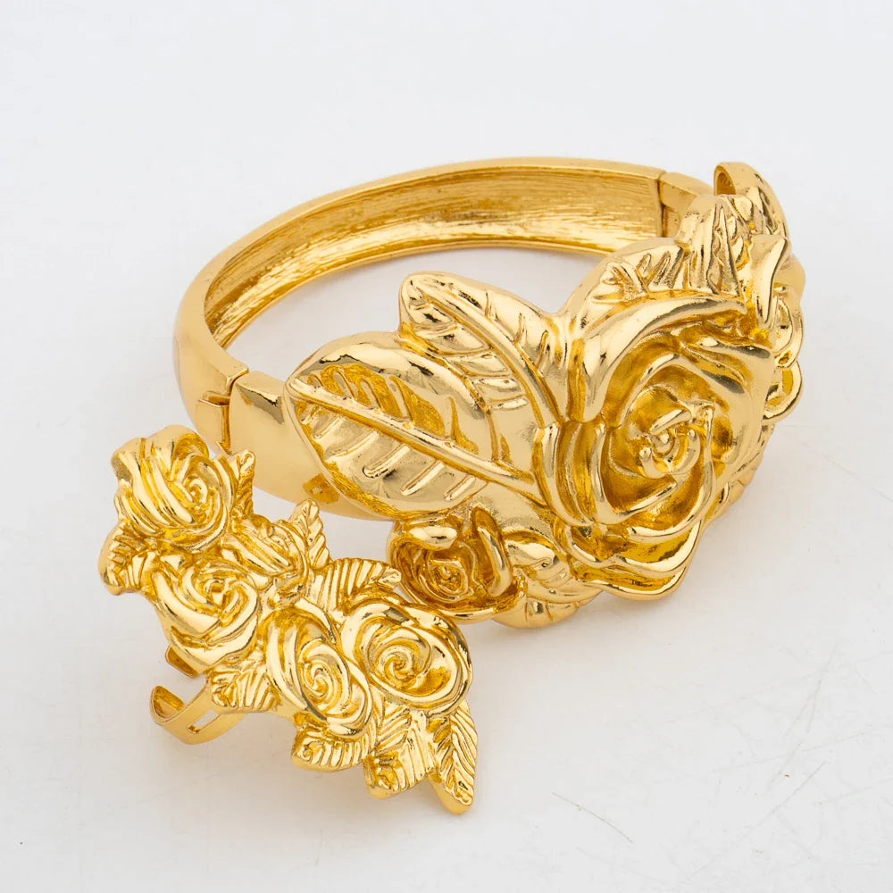 New Arrivals Gold Color Jewelry Sets For Women Fashion Earrings Necklace Italy Bangle Ring Flower Pendant Bride Wedding Party