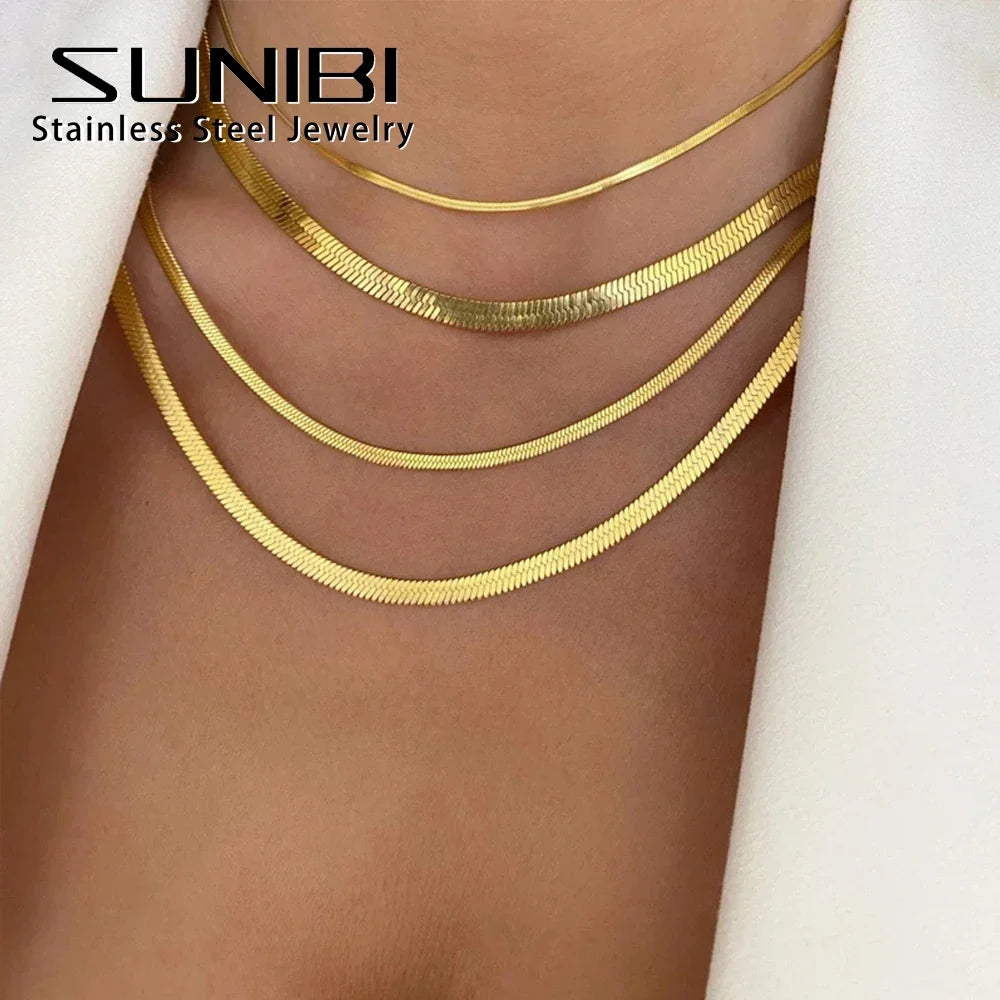 SUNIBI Stainless Steel Snake Chain Necklace for Woman Gifts Choker Herringbone Gold Color Necklaces Women Jewelry Wholesale
