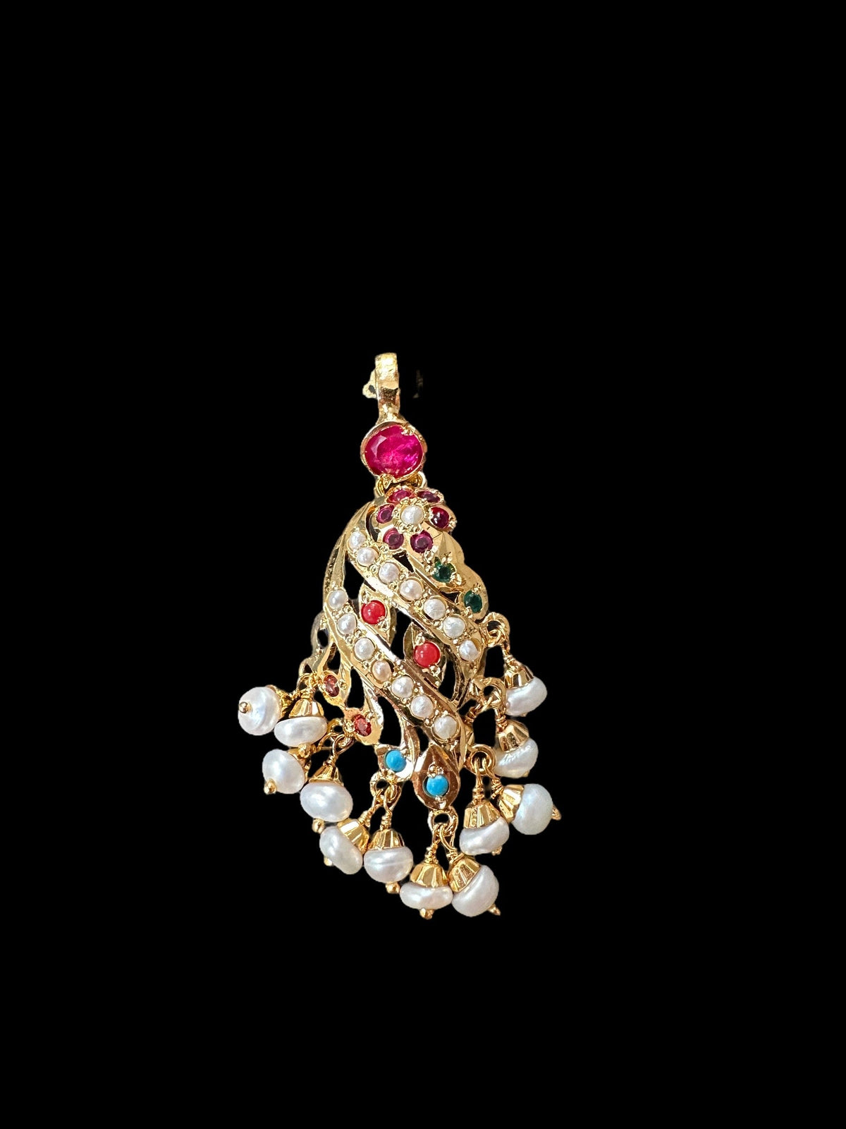 Gold plated jadau silver pendant set in navratan   ( SHIPS IN 5 WEEKS )