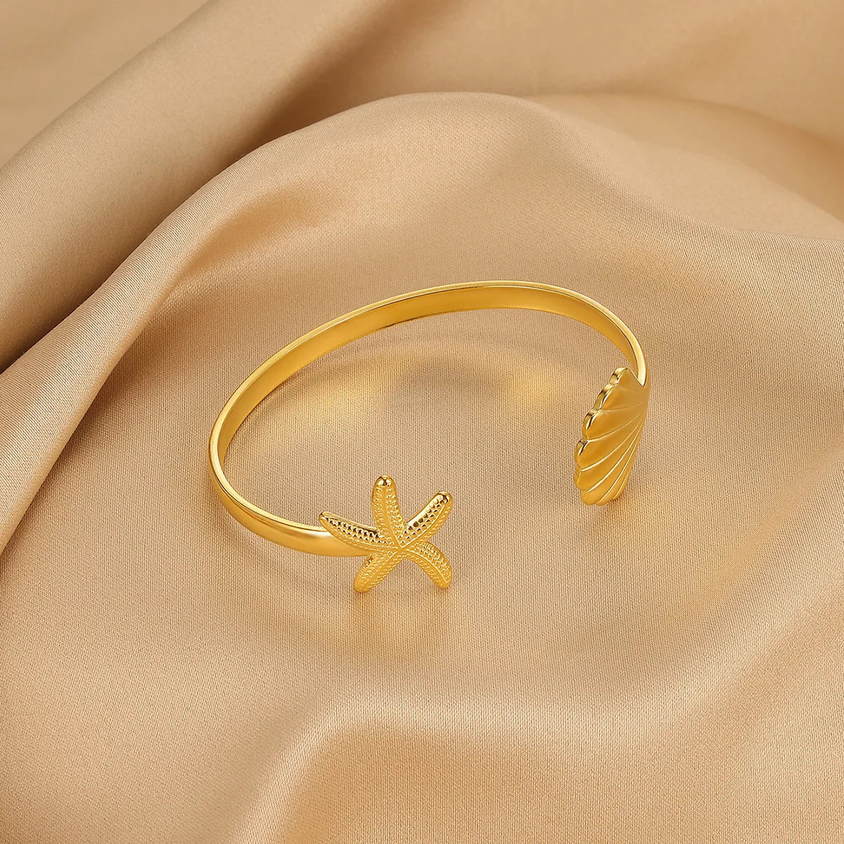 Summer Waterproof Cuff Bangles Bracelet For Women Cute Flower Double Layer Open Stainless Steel Gold Color Star Shell Jewelry