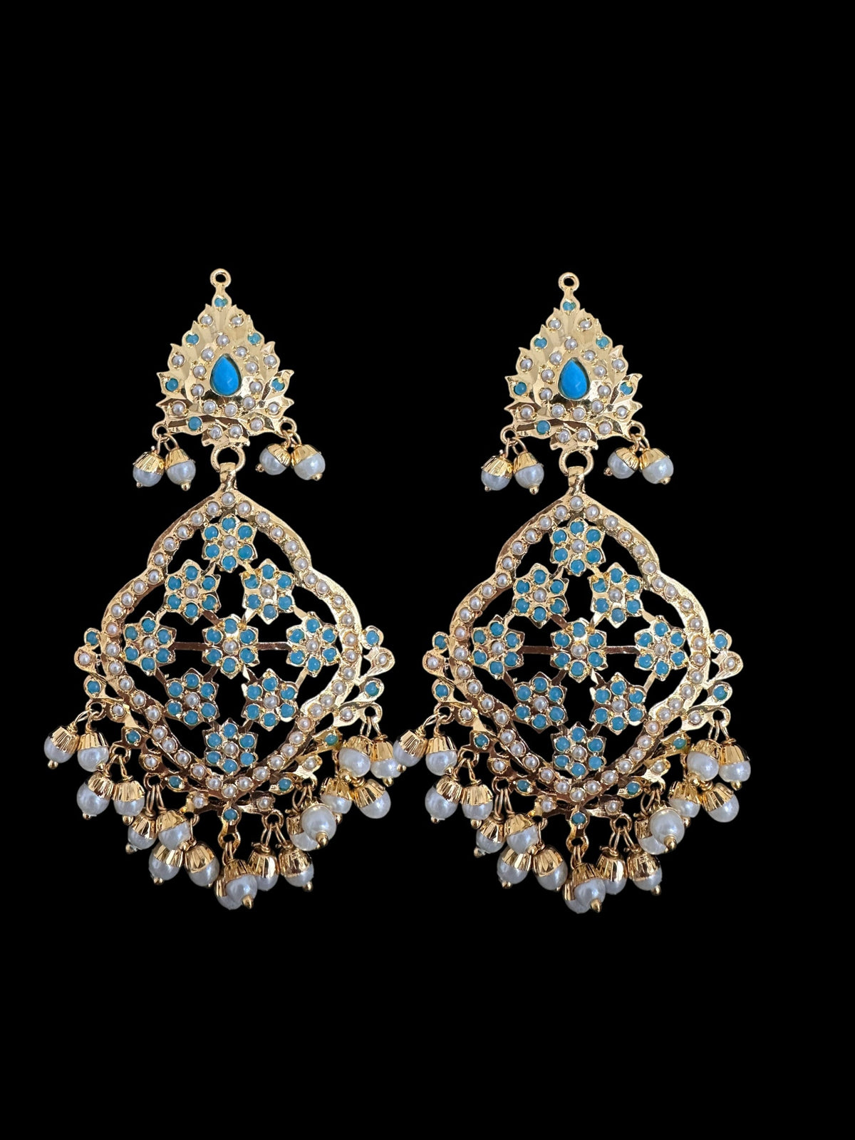 DJET91 Mehru Jadau chandbali earrings tika in turquoise/feroza pearls ( READY TO SHIP )