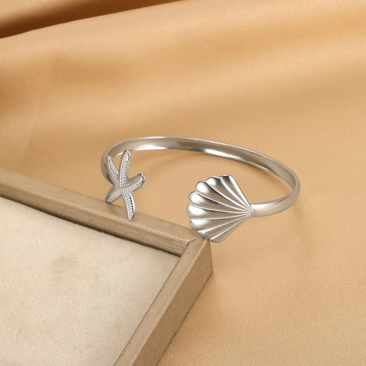 Summer Waterproof Cuff Bangles Bracelet For Women Cute Flower Double Layer Open Stainless Steel Gold Color Star Shell Jewelry