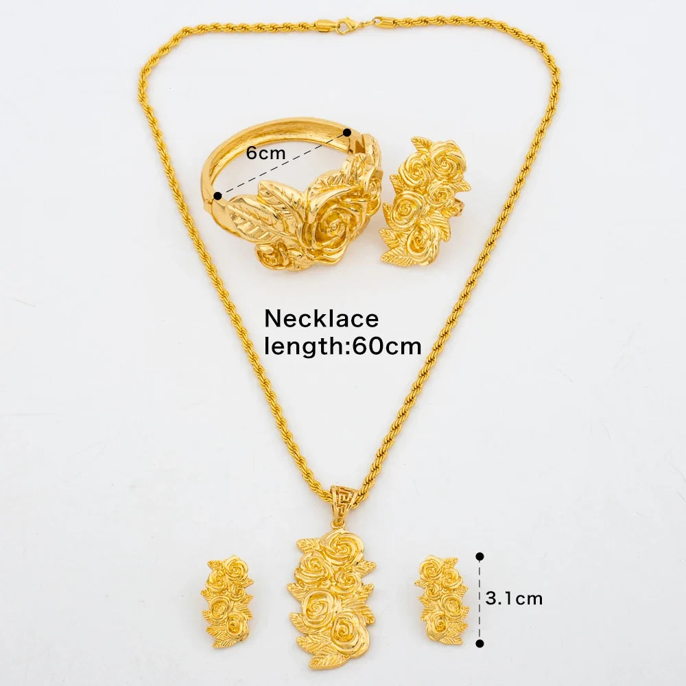 New Arrivals Gold Color Jewelry Sets For Women Fashion Earrings Necklace Italy Bangle Ring Flower Pendant Bride Wedding Party